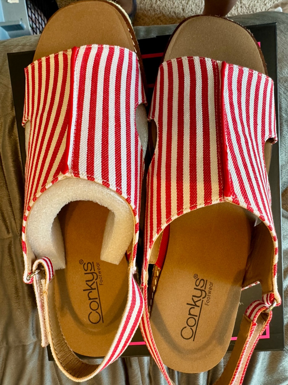Corkys Red & White Striped Wedge Sandals - Picture 8 of 9